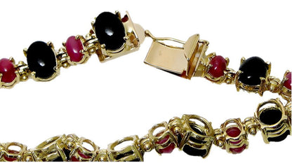 14k yellow gold Oval Black Coral and Cabochon Ruby Bracelet - In House Treasure