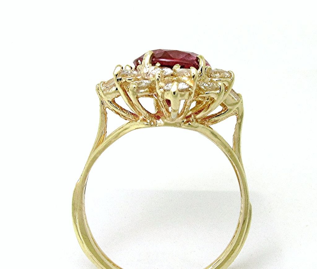 14k yellow gold Oval dark pink/red Tourmaline ring with Tapered baguette and round diamonds - In House Treasure