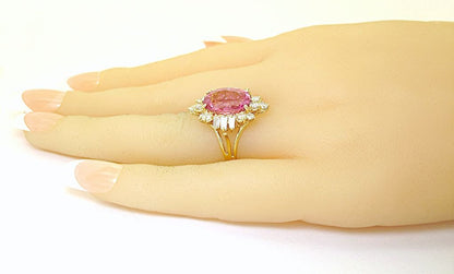 14k yellow gold Oval light pink Tourmaline with Tapered baguettes and round diamonds ring - In House Treasure