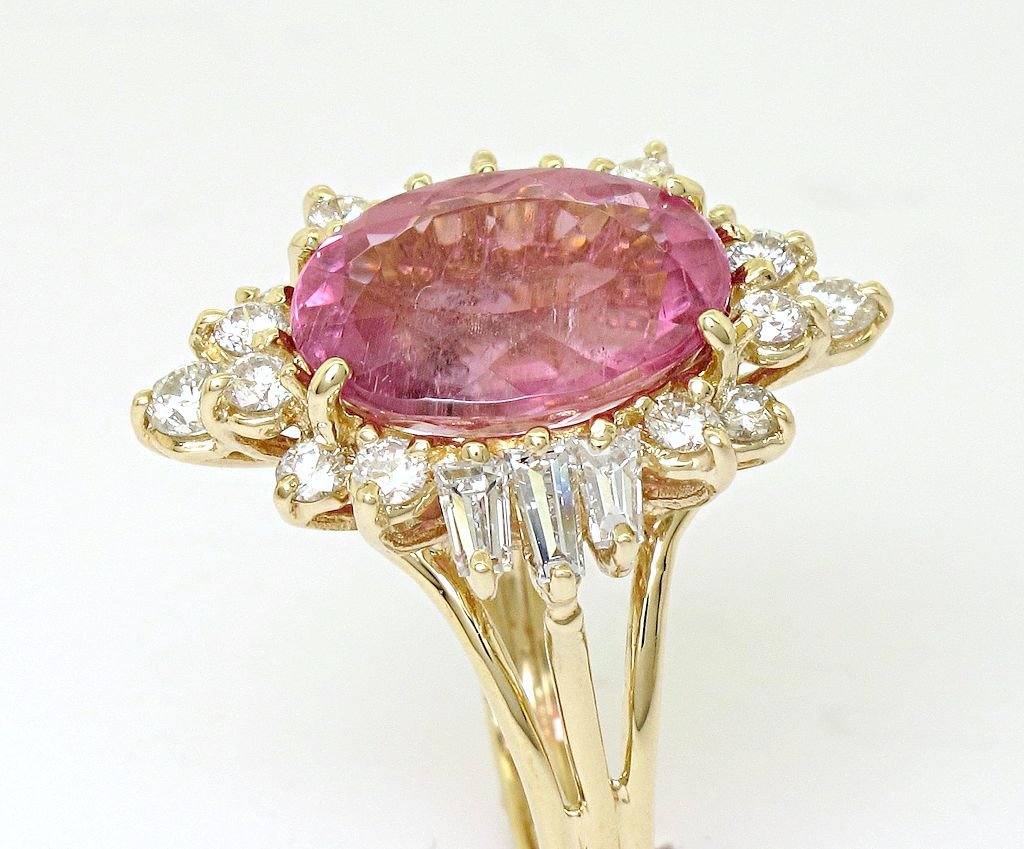 14k yellow gold Oval light pink Tourmaline with Tapered baguettes and round diamonds ring - In House Treasure
