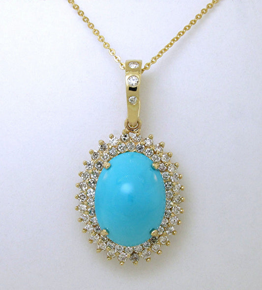 14k yellow gold Oval Turquoise and diamond pendant with enhancer - In House Treasure