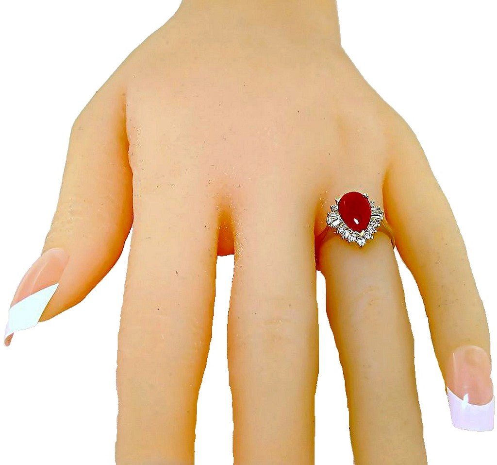 14k yellow gold pear shape Red Coral with round and tapered baguette diamond ring - In House Treasure