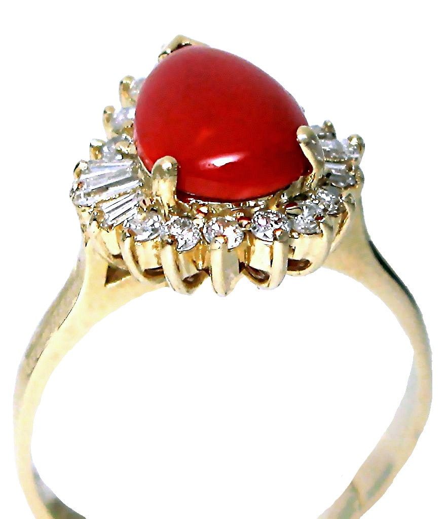14k yellow gold pear shape Red Coral with round and tapered baguette diamond ring - In House Treasure