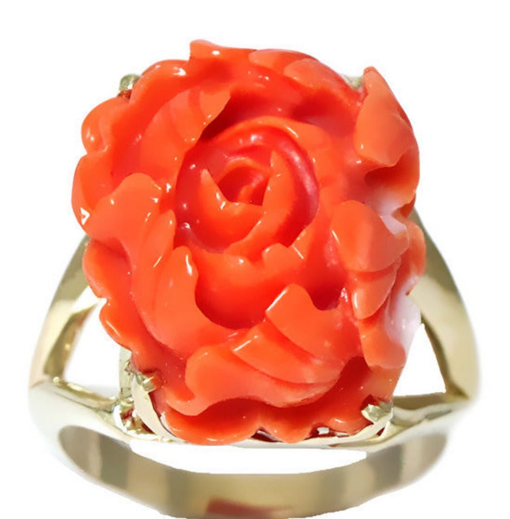 14k yellow gold Pink Coral flower carving ring - In House Treasure