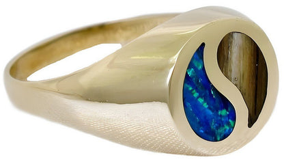 14k yellow gold synthetic Opal and Gold Coral Yin Yang inlay ring - In House Treasure