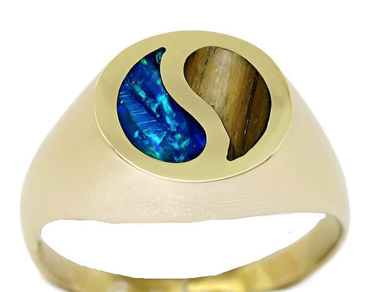 14k yellow gold synthetic Opal and Gold Coral Yin Yang inlay ring - In House Treasure