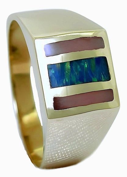 14k yellow gold synthetic opal and light pink coral inlay ring - In House Treasure