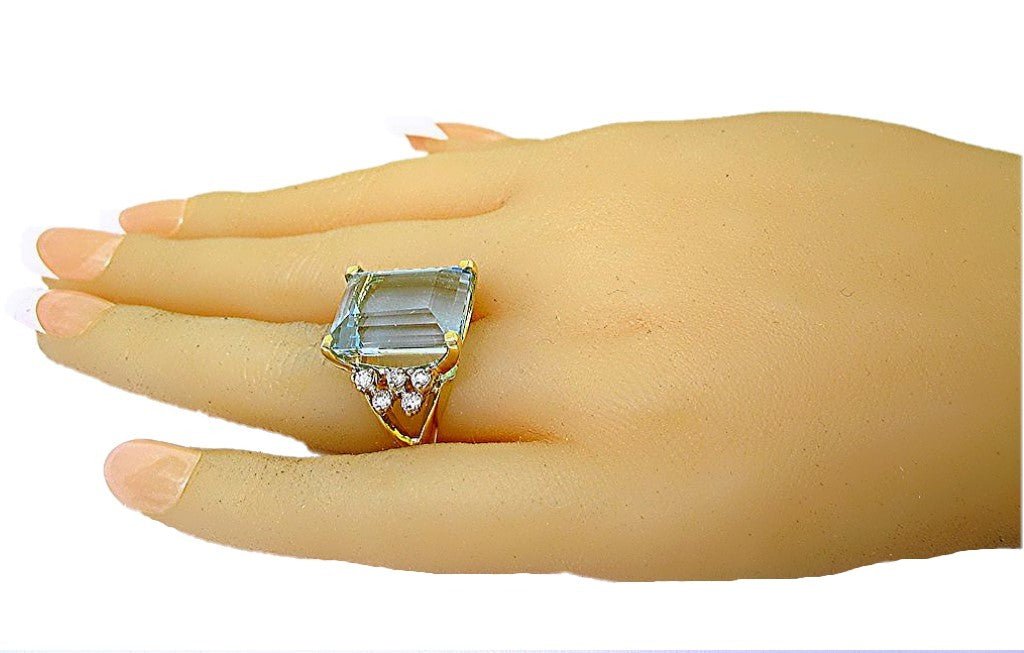 14k yellow/white gold emerald cut Aquamarine and diamond ring - In House Treasure