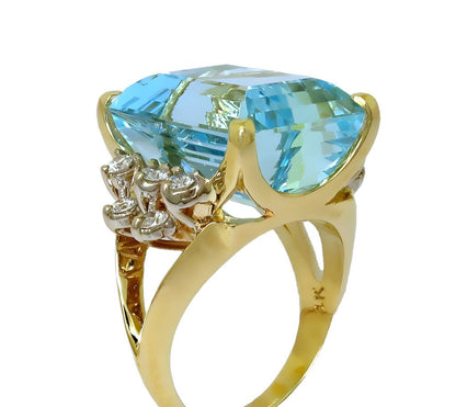 14k yellow/white gold emerald cut Aquamarine and diamond ring - In House Treasure