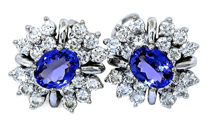 18k white gold Oval Tanzanite pierced back Omega clip earrings with diamonds - In House Treasure