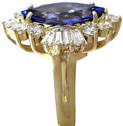 18k yellow gold Marques Tanzanite ring with round, and tapered baguette diamonds - In House Treasure