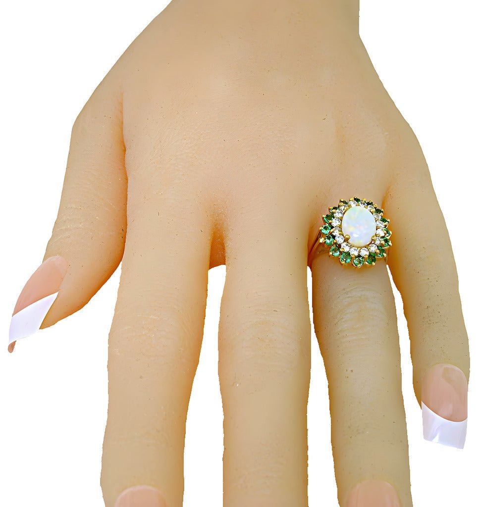 18k yellow gold Oval Australian opal, with Tsavorite and diamond ring - In House Treasure