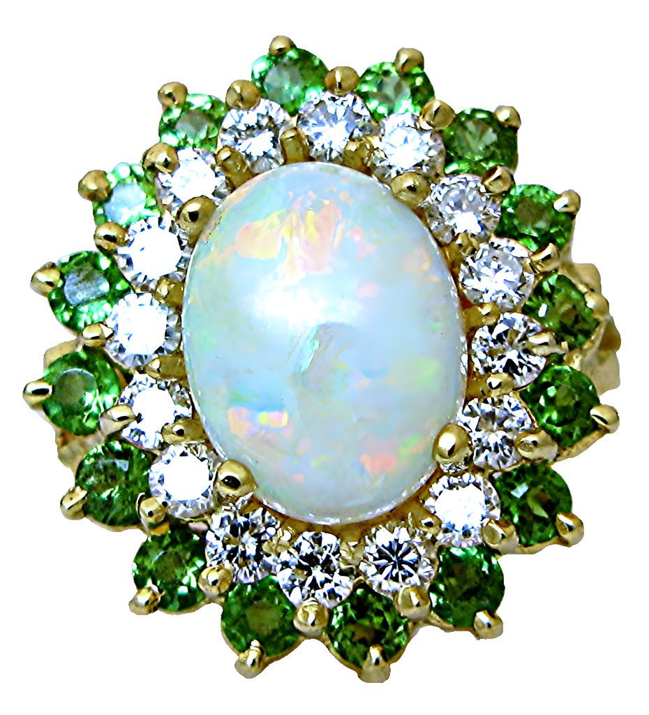 18k yellow gold Oval Australian opal, with Tsavorite and diamond ring - In House Treasure