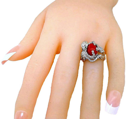 Oval Red Coral cabochon Octopus ring with Tsavorite eyes and diamond - In House Treasure