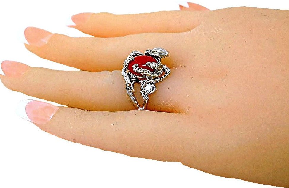 Oval Red Coral cabochon Octopus ring with Tsavorite eyes and diamond - In House Treasure