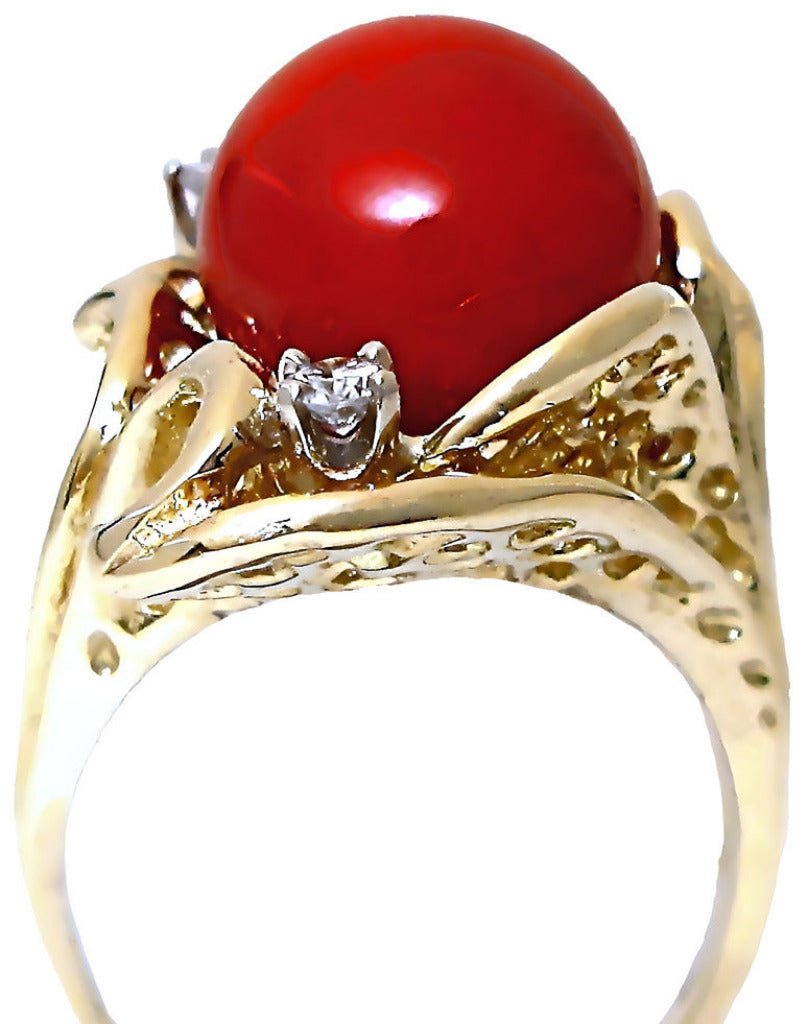 Red Coral bead and diamond ring, in a free from mounting - In House Treasure