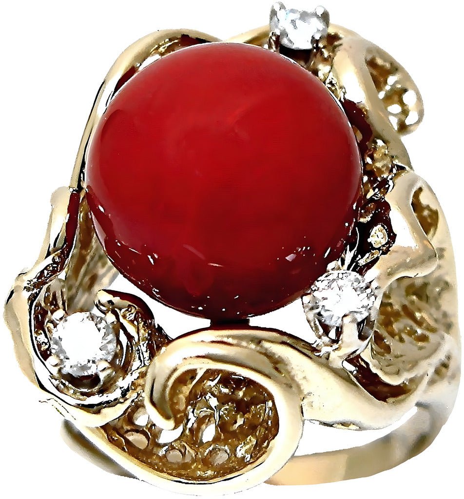 Red Coral bead and diamond ring, in a free from mounting - In House Treasure