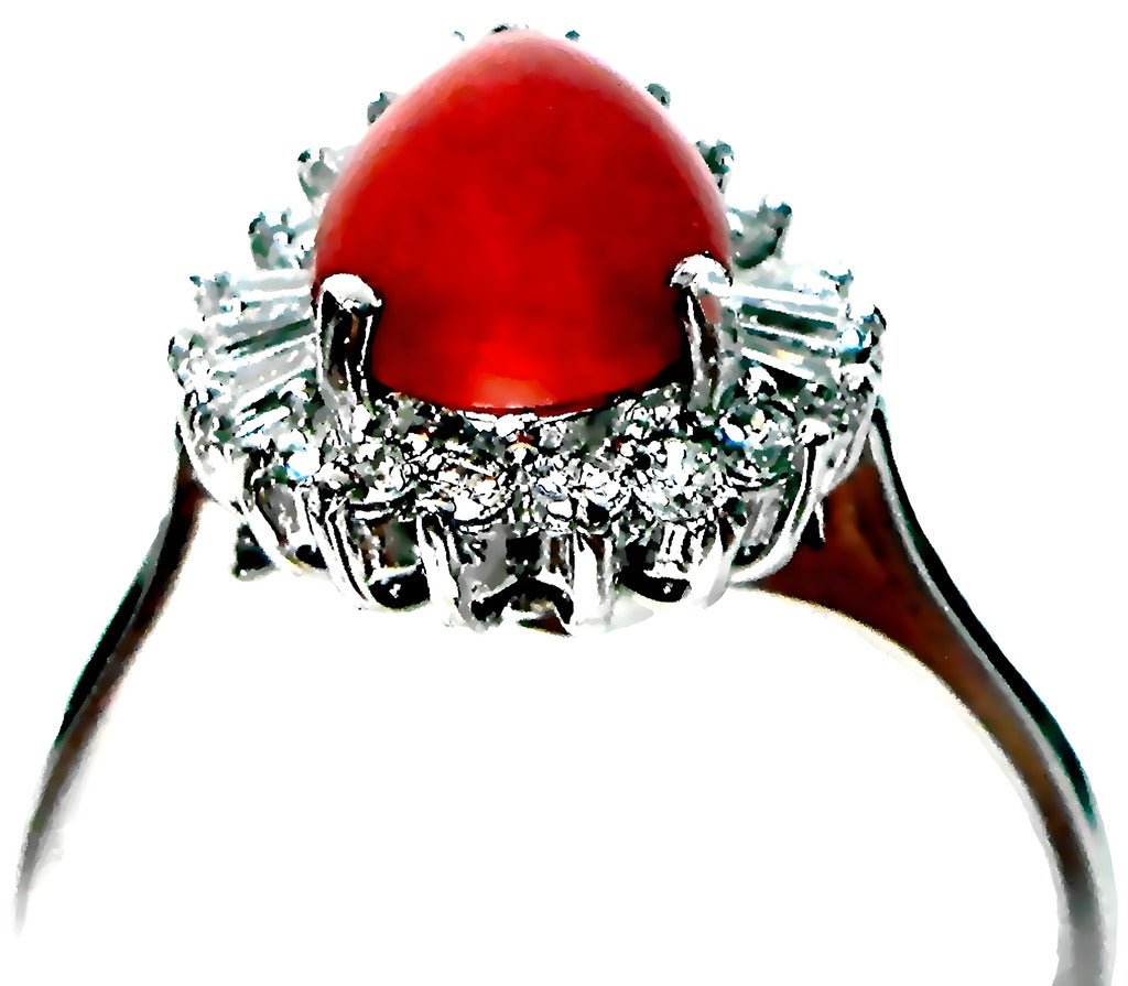 Red Coral pear shape ring, with round and tapered baguette diamonds - In House Treasure