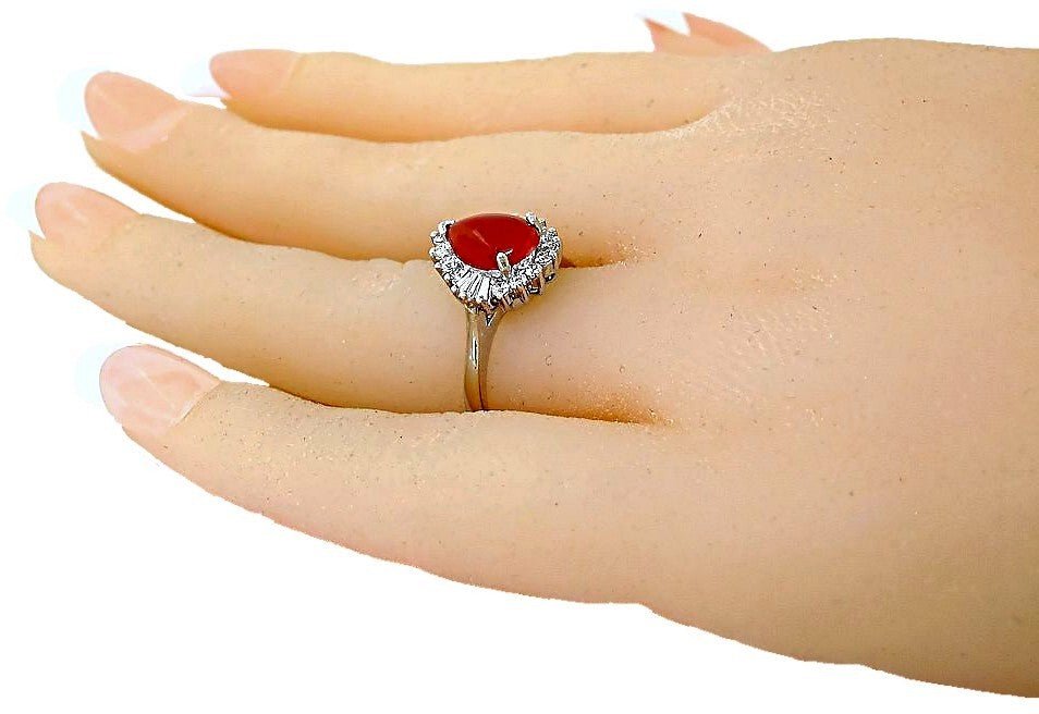 Red Coral pear shape ring, with round and tapered baguette diamonds - In House Treasure