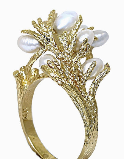 Ring with rice-shaped freshwater pearls arranged in a shrub branch-style setting - In House Treasure