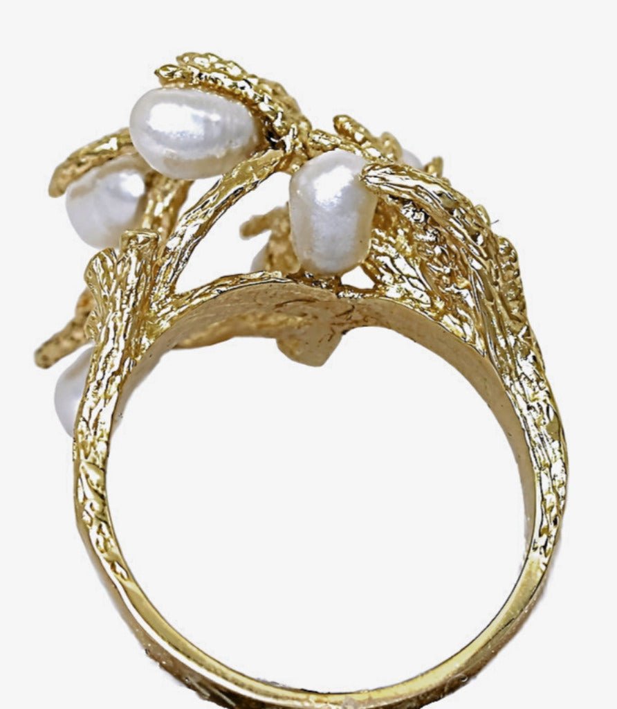 Ring with rice-shaped freshwater pearls arranged in a shrub branch-style setting - In House Treasure