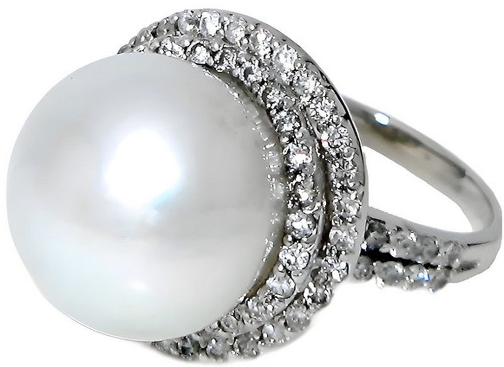 White South Sea pearl and diamonds ring with double halo swirl top - In House Treasure