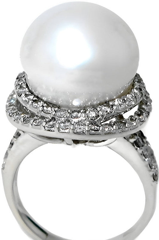 White South Sea pearl and diamonds ring with double halo swirl top - In House Treasure